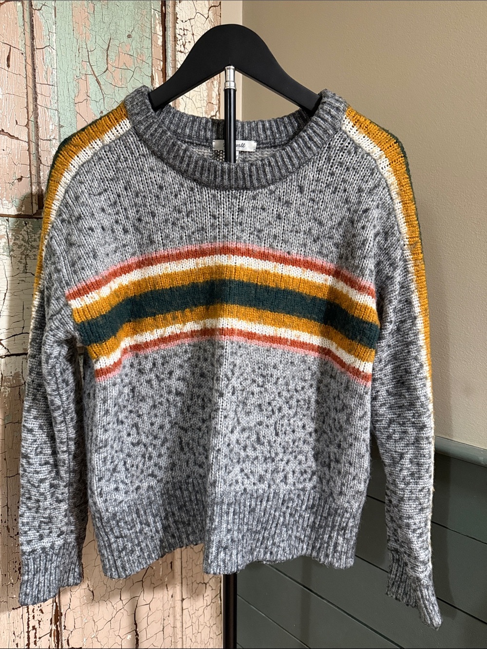 Madewell Gray Crewneck Sweater with Mustard & Forest Stripes